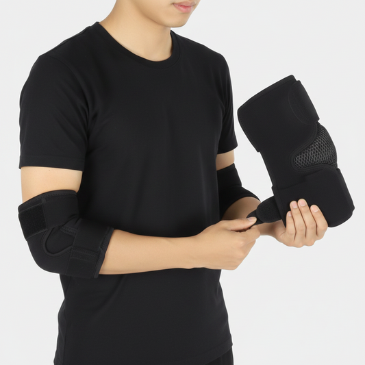 A person wearing a elbow bursitis pad.
