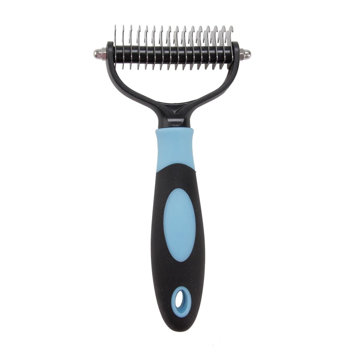 Side view of the blue electrostatic pet fur lint brush clearing embedded dog hair from a dark fabric couch.