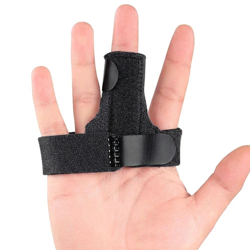A black finger splint or immobilizer brace worn on a person's hand, shown against a plain white background.