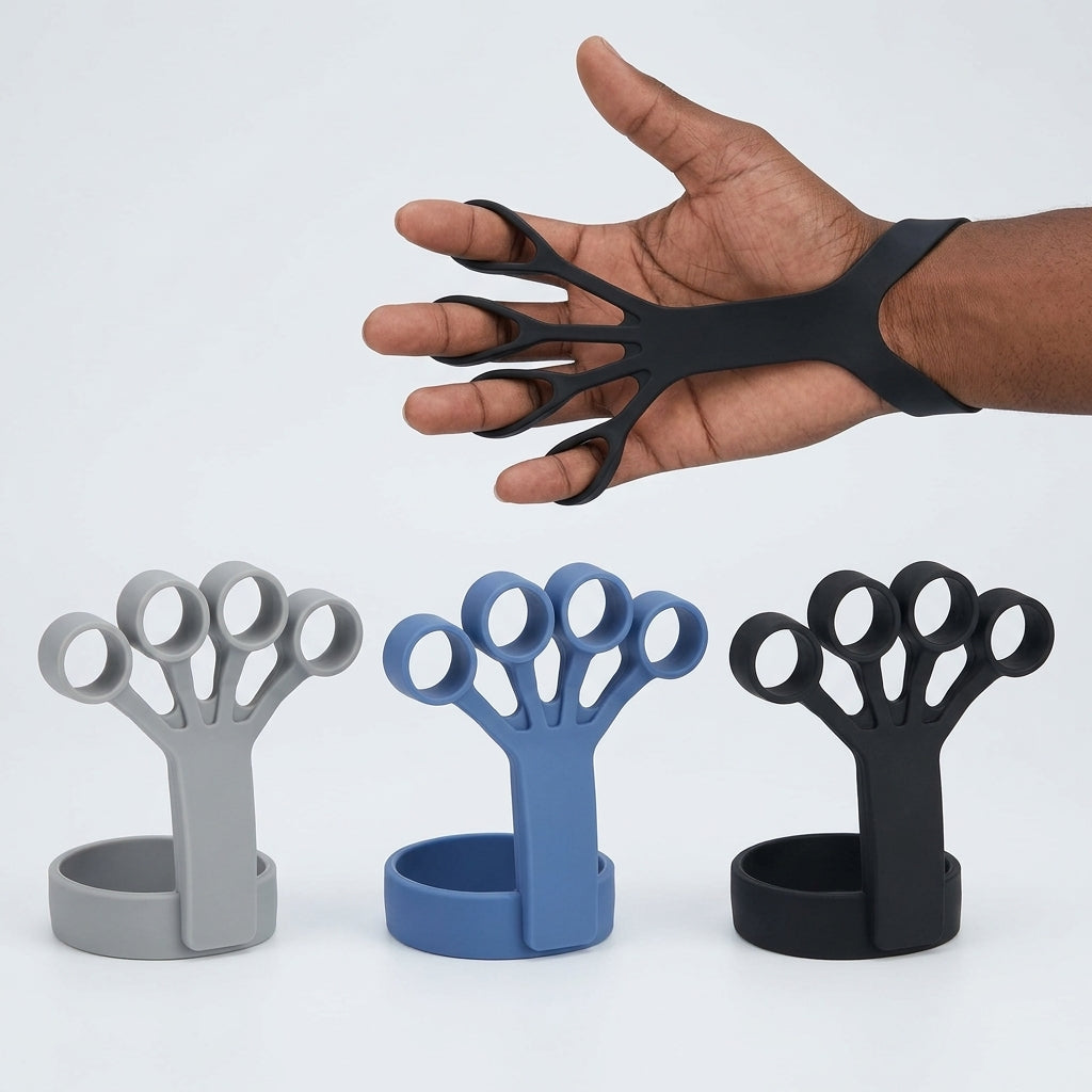 A silicone finger strengthener shown worn on a person's hand, with three additional units in gray, blue, and black displayed below on a clean light background.