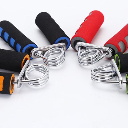 A group layout displaying the orange, blue, green and red forearm grip strengthener options side-by-side.