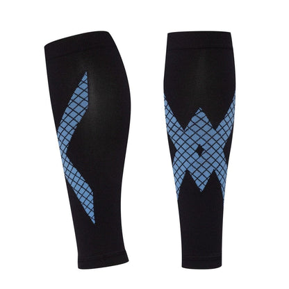Side view of a blue graduated calf compression sleeve highlighting its tight-knit seamless stitching.