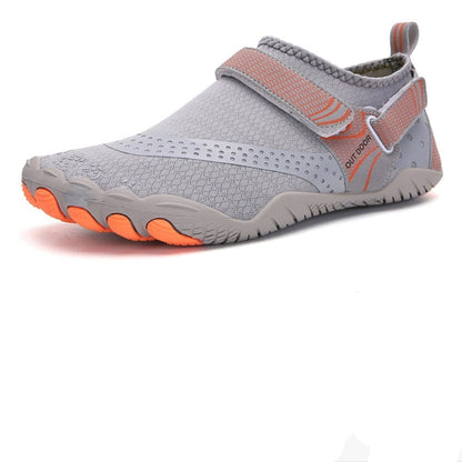 grey waterproof trail sneakers.