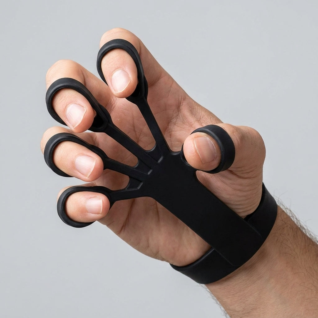 A close-up of a hand wearing a black grip strength trainer against a neutral gray background.