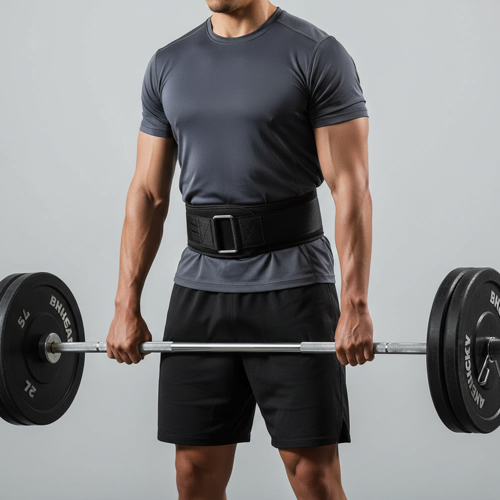 A man wearing a dark gray athletic t-shirt, black shorts, and a gym belt for squats and deadlifts is holding a barbell with black weight plates against a light gray studio background.
