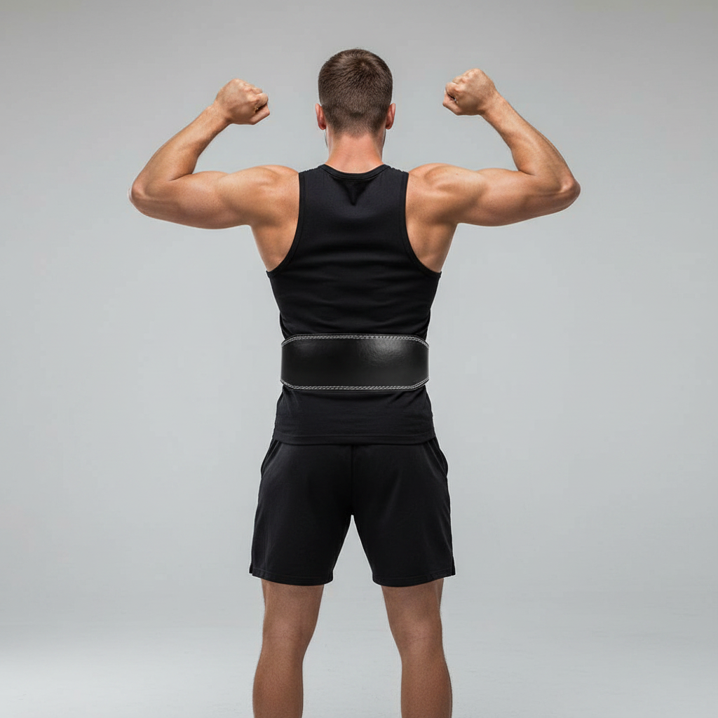 A man viewed from behind wearing a gym weightlifting back belt, posing with his arms raised in a studio setting against a light gray background.