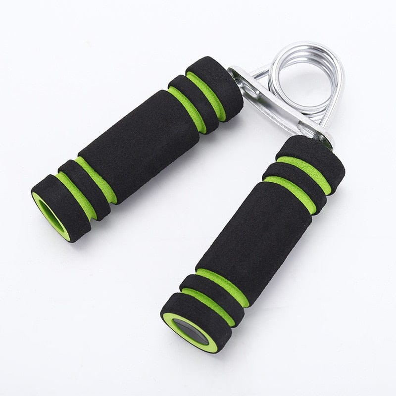 Side view of a green hand gripper highlighting the plush anti-slip foam handle texture.