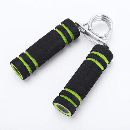 Side view of a green hand gripper highlighting the plush anti-slip foam handle texture.