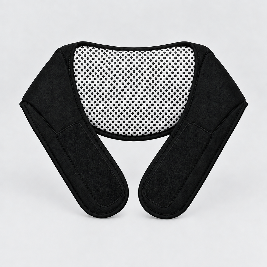 A heat magnetic neck belt with black fabric sides, a white mesh center panel, and four red circular massage buttons, shown on a light gray background.