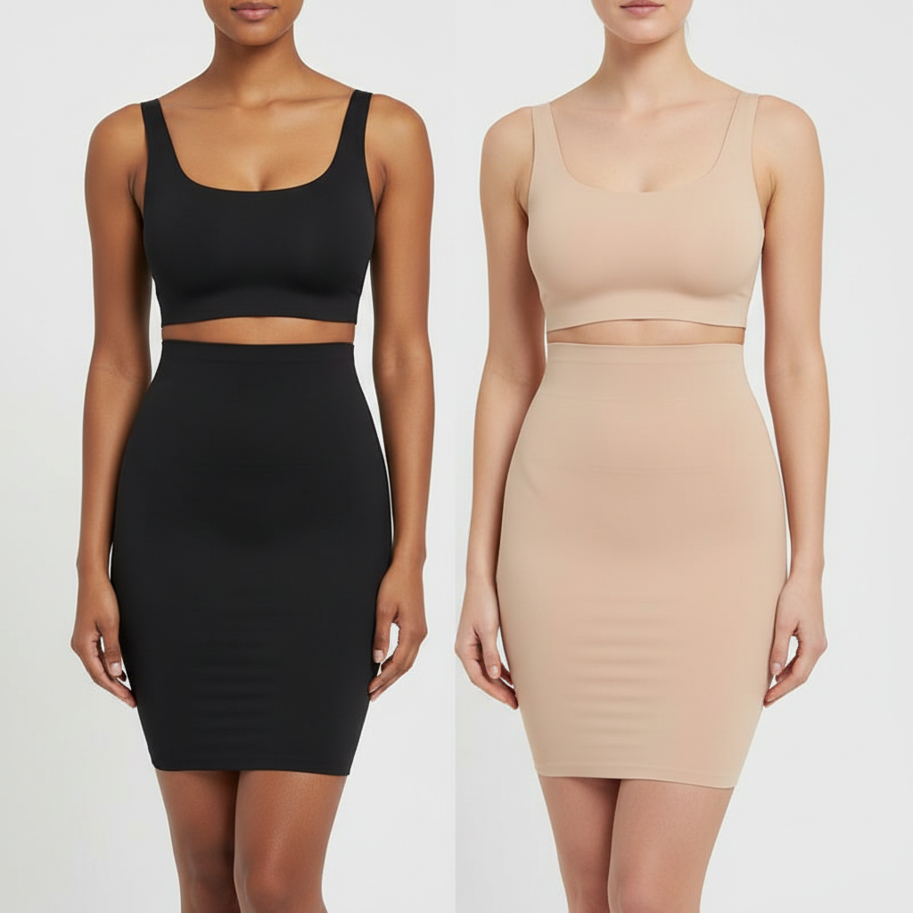 Two models wearing high waist tummy control slip under dresses in black and nude beige, standing side by side against a light gray studio background.