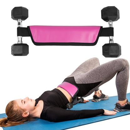 Close-up of the adjustable heavy-duty straps and quick-release buckles on a weighted hip thrust pad.