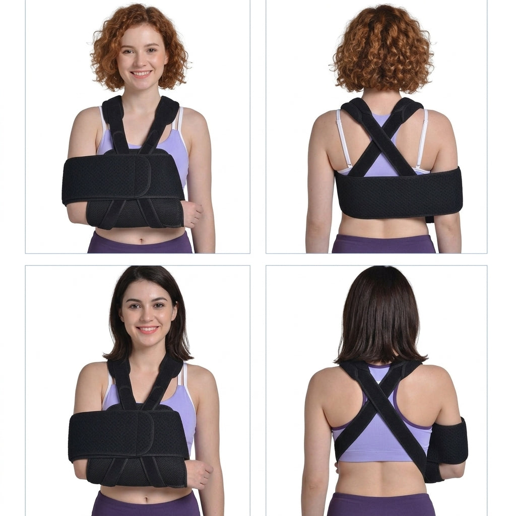 A four-panel product demonstration showing a humeral fracture arm slinge worn by two models, with front and back views on each model. The brace supports the arm and upper back, with adjustable straps.