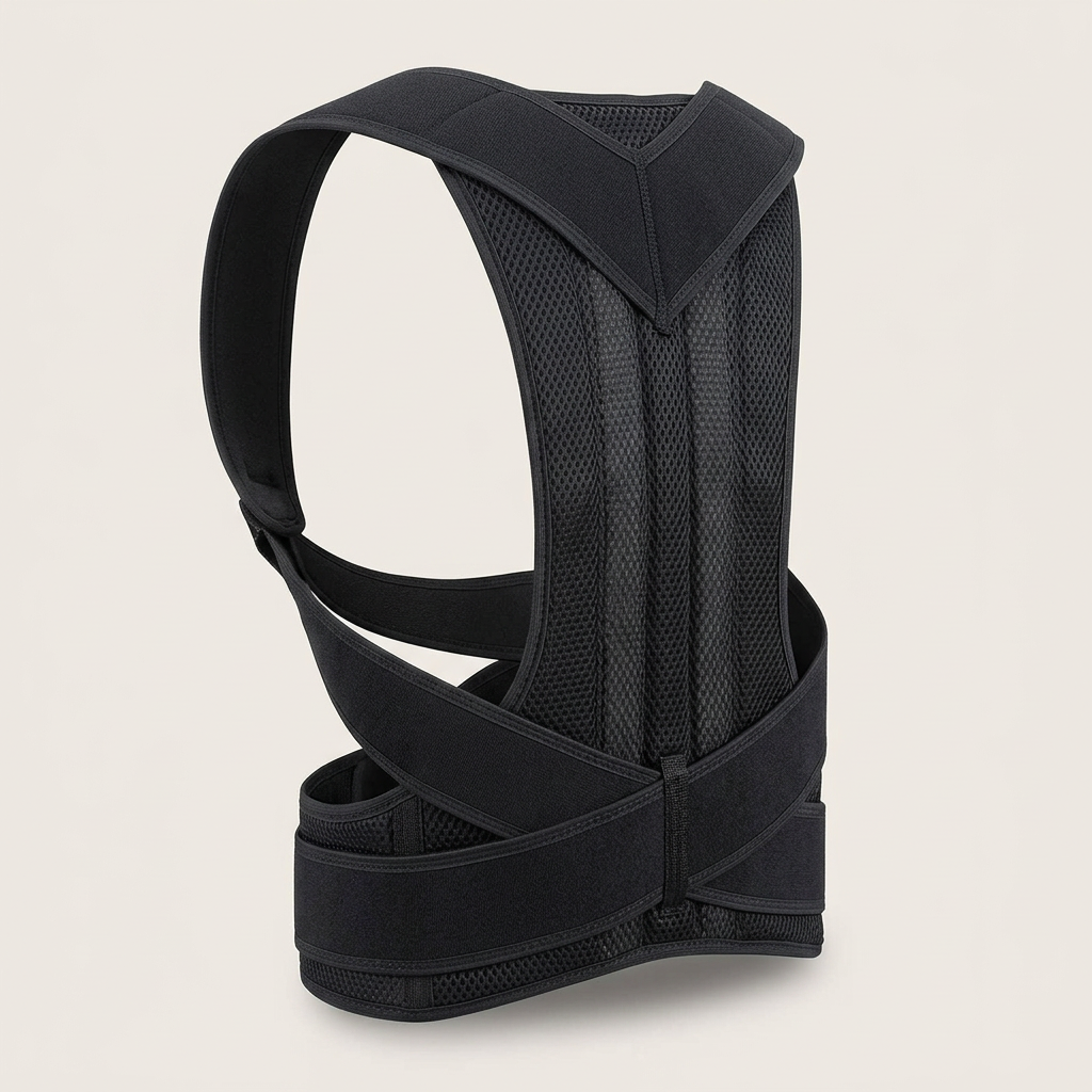 Angled product view of a black shoulder and waist posture belt showing the shoulder loops, long back panel, and broad waist band.