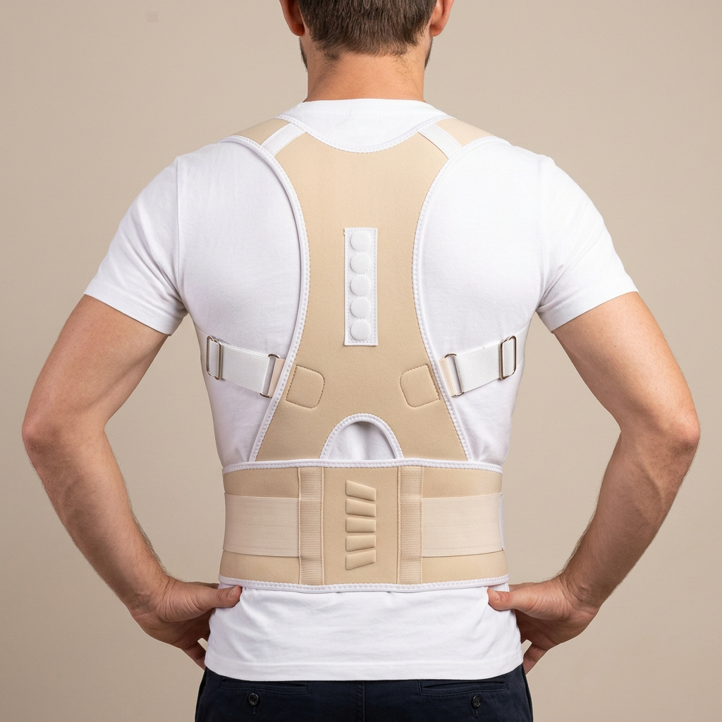 Male model wearing a beige shoulder and waist back brace over a white shirt, viewed from behind with hands on hips.