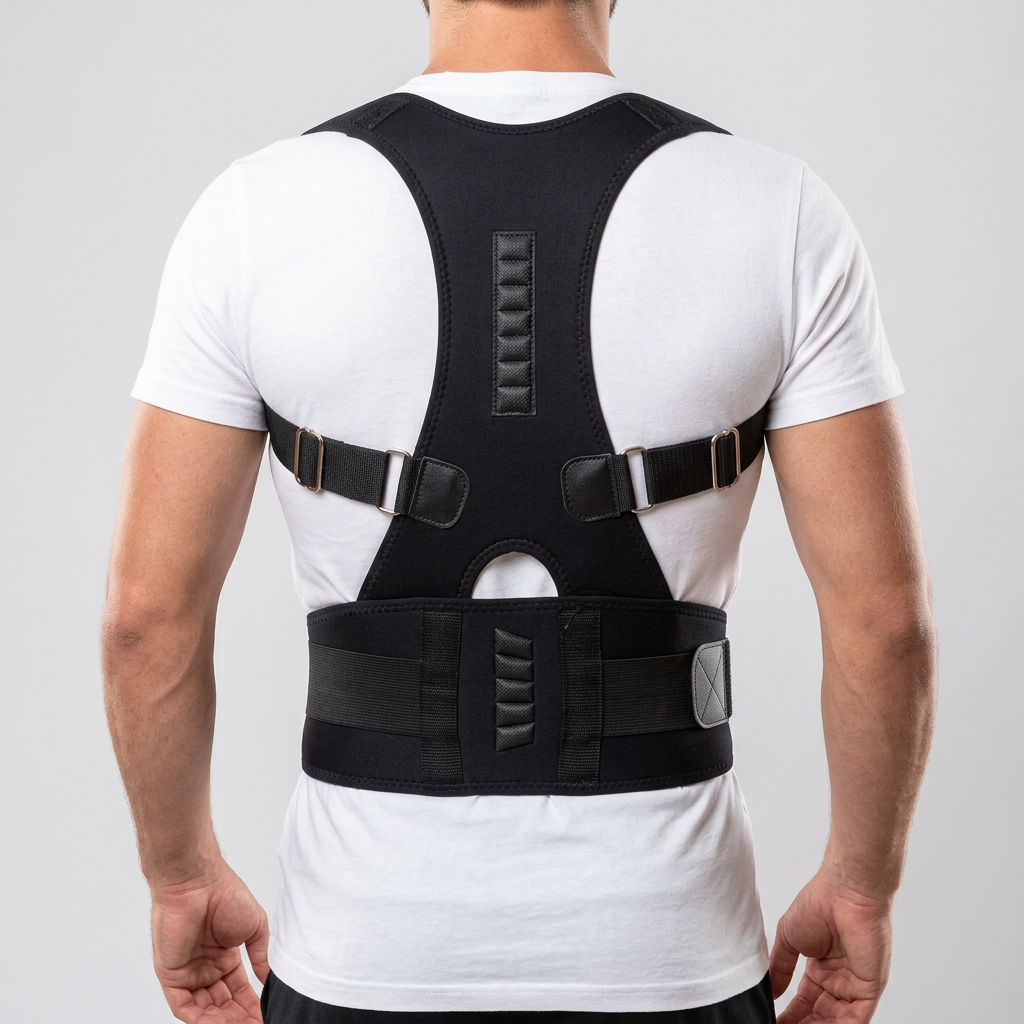 Rear close-up of a male model wearing a black adult back brace over a white shirt, showing the central panel and waist belt.