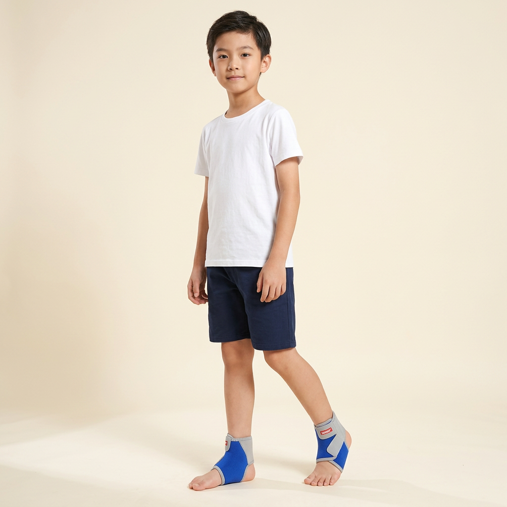 Child standing with one foot forward wearing blue and gray child ankle wraps with open toes and heels.