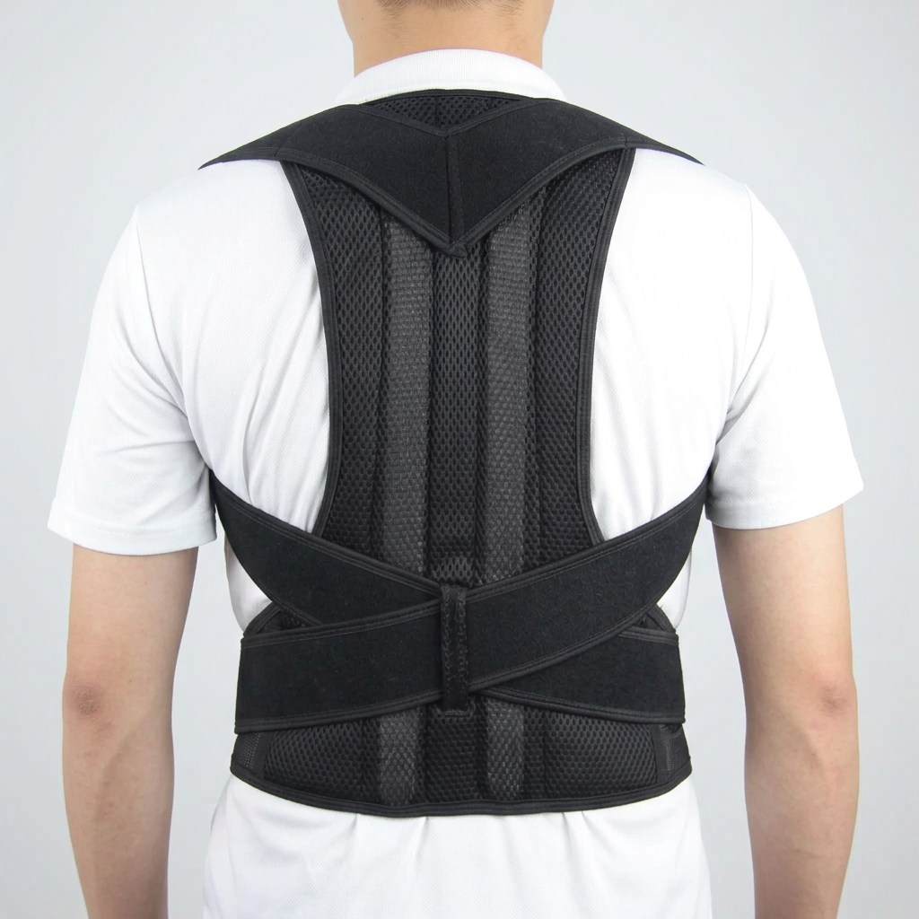 Rear view of a black adjustable shoulder lumbar brace worn over a white polo, showing the shoulder yoke, mesh panel, and crossed lower straps.