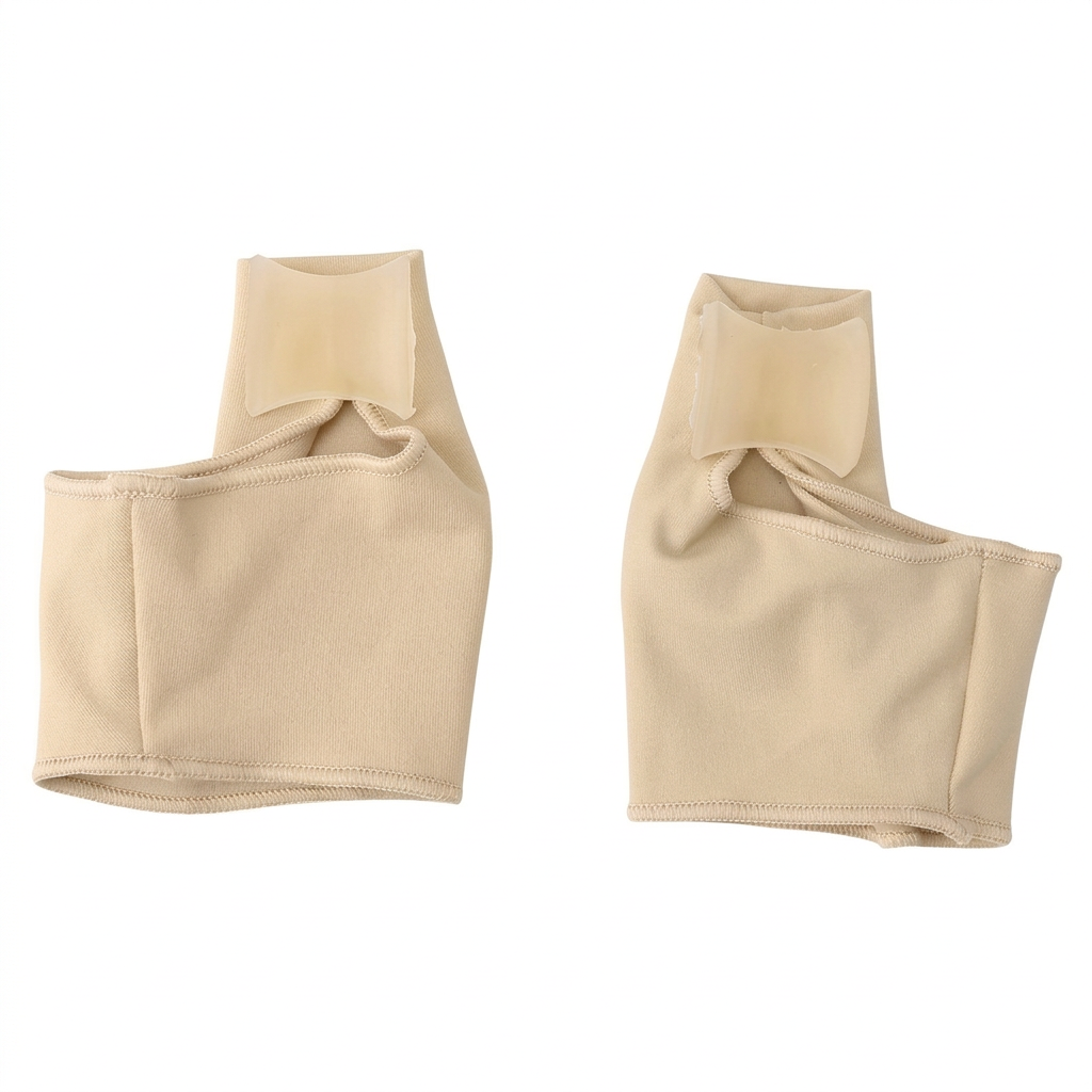 Pair of beige bunion support sleeves on a white background, showing stitched fabric bands, big toe openings, and translucent side pads.