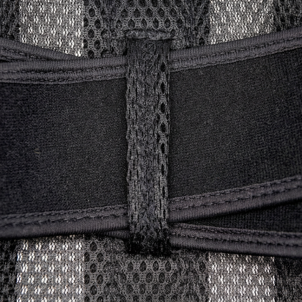 Close-up of black cross-strap posture support showing overlapping lumbar bands, stitched edges, and the central mesh strap keeper.