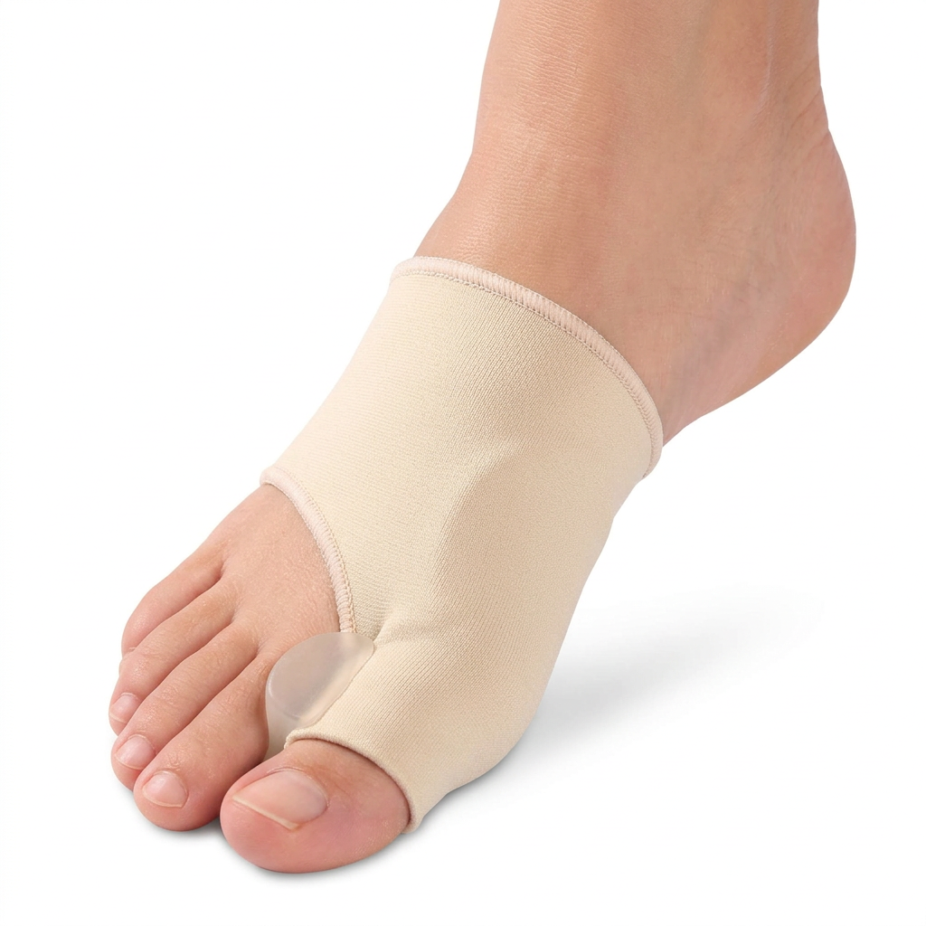 Close-up of an open toe bunion cushion worn around the forefoot, with a beige fabric band and padded side panel.