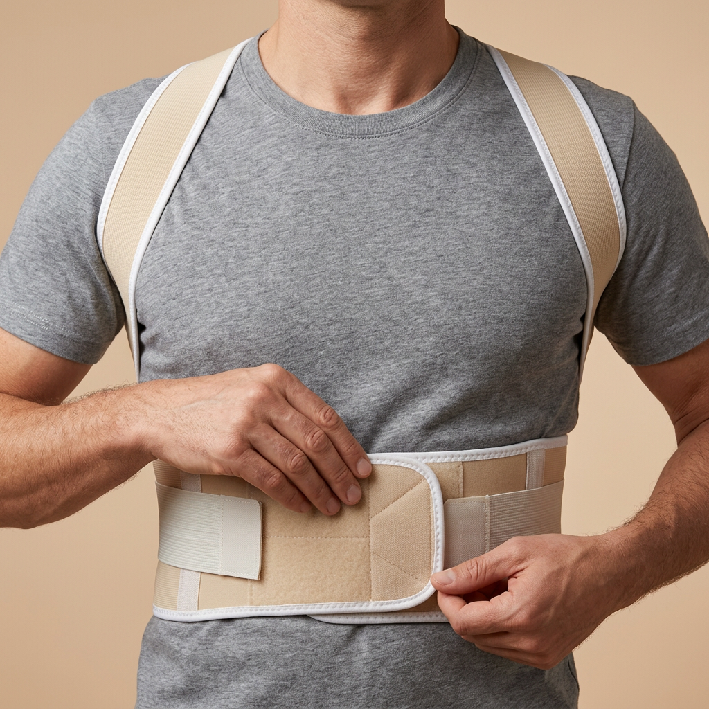 Male model adjusting the broad beige waist fastening of a shoulder and waist back harness over a gray shirt.