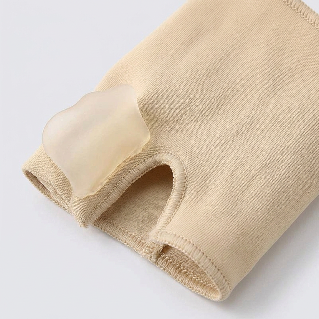 Close-up of a beige fabric bunion guard sleeve showing the stitched big toe opening and adjacent translucent side pad.