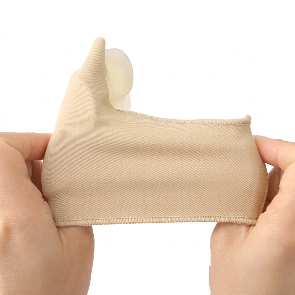 Two hands holding a beige stretch bunion protector sleeve, showing the stitched edges, big toe opening, and side padding.