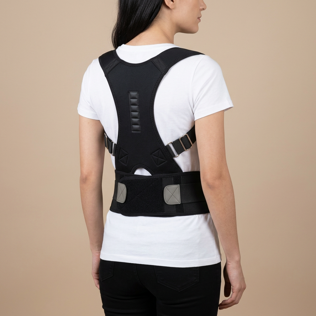 Female model wearing a black extended back panel brace over a white shirt, viewed from a rear three-quarter angle.