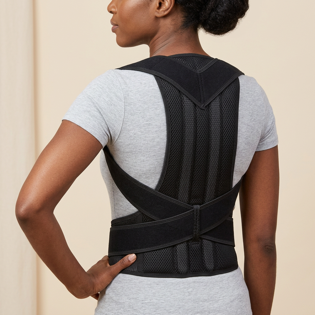 Female model with one hand on her hip wearing a black adjustable shoulder lumbar brace over a light gray shirt, viewed from a rear angle.