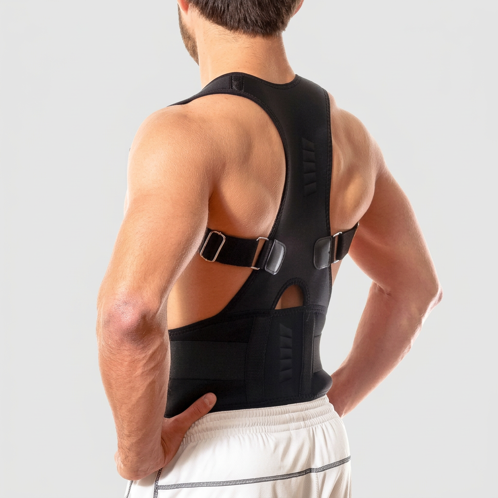 Rear three-quarter view of a male model wearing a black extended back panel brace with shoulder adjustment loops and a broad waist belt.
