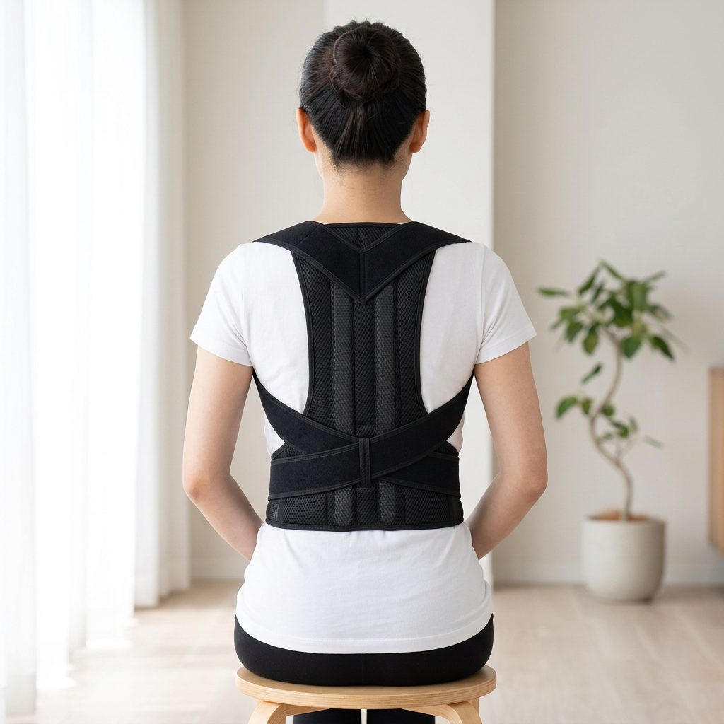 Seated female model wearing a black over-clothing posture support over a white shirt, with the mesh back panel and crossed waist straps visible.