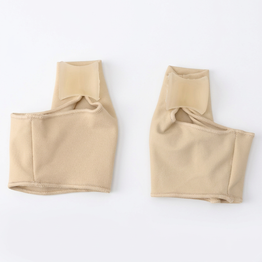 Pair of beige bunion support sleeves at an angle on white, showing stitched forefoot bands, big toe openings, and translucent side pads.