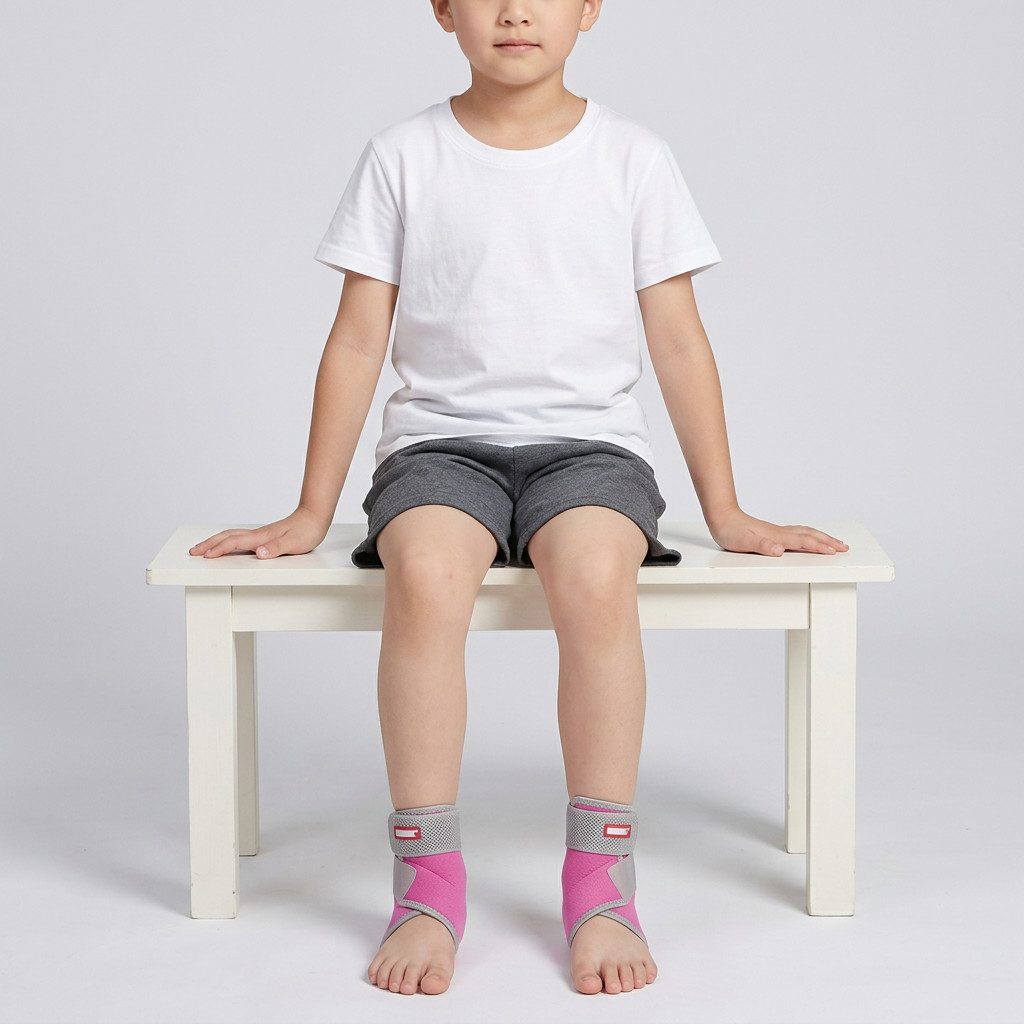 Child seated on a bench wearing rose kids ankle support wraps with gray adjustable straps and open heels.