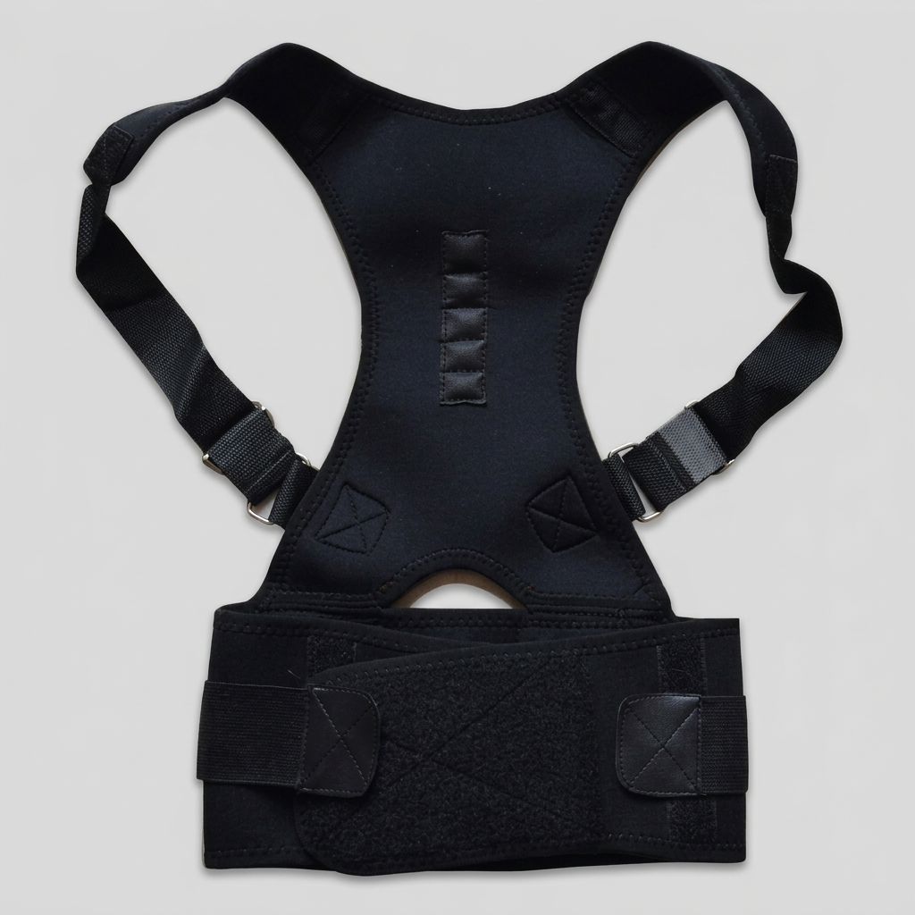 Black adjustable adult back harness belt showing its extended central panel, shoulder straps, side loops, and waist fastening.