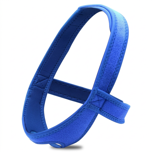 Blue adjustable chin support strap on a white background, showing stitched edges, the chin opening, and rear fastening band.