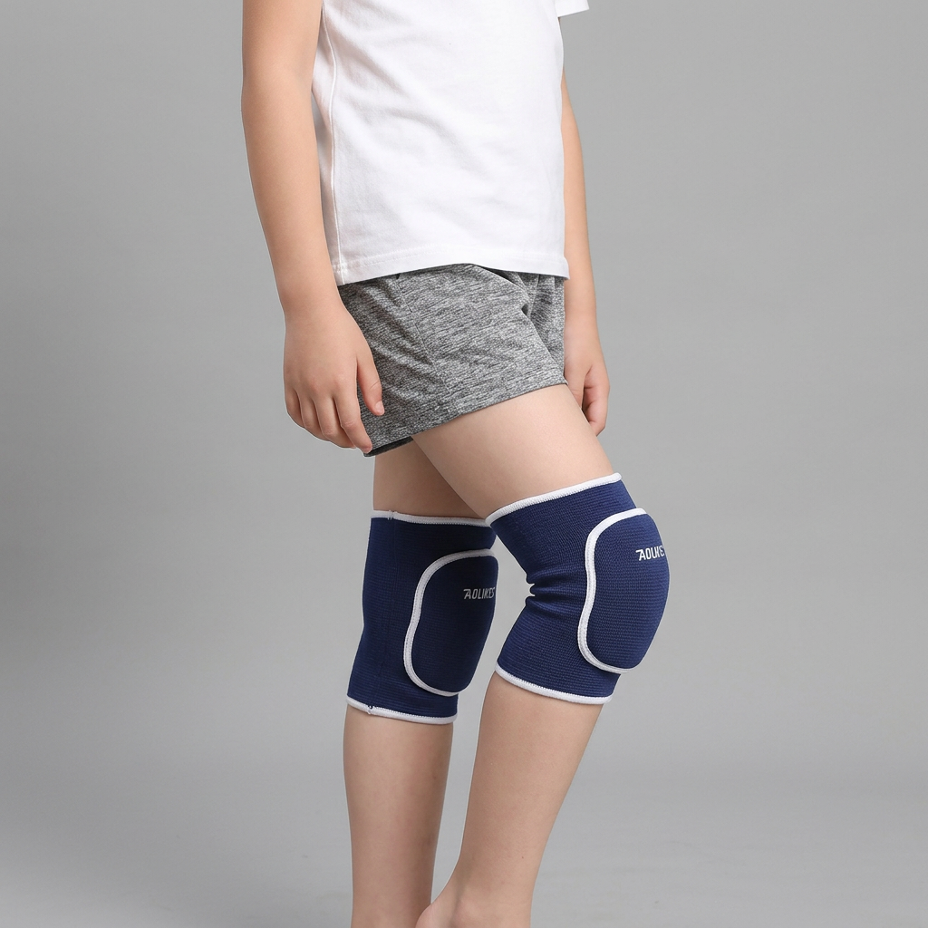 Child standing at a side angle with one knee gently bent while wearing blue and white knee pad sleeves.
