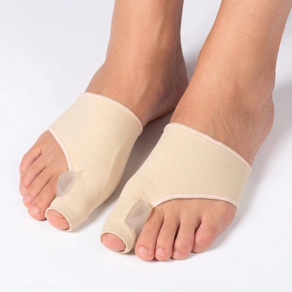 Beige bunion cushion sleeves worn on both feet, viewed from above with the toes exposed and big toes in separate openings.