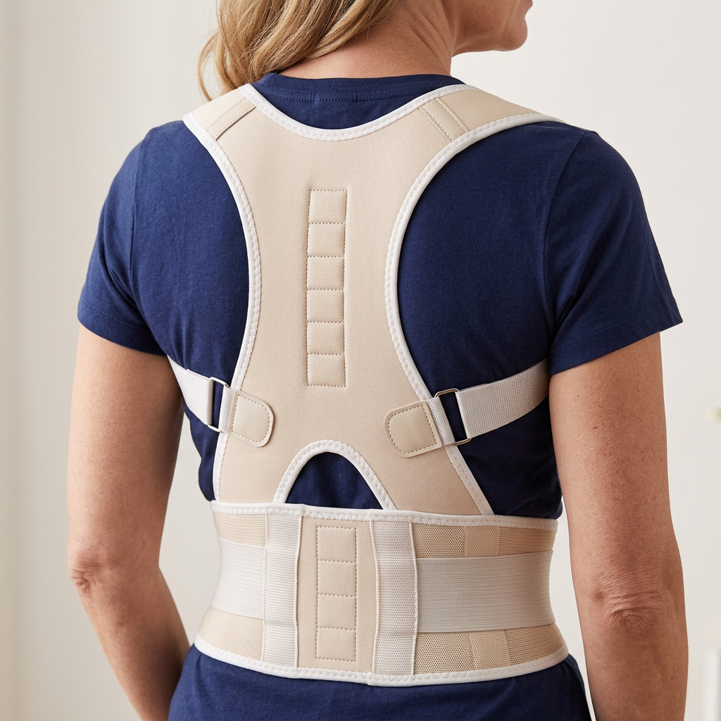 Rear close-up of a female model wearing a beige shoulder waist back support over a navy shirt with adjustment loops visible.