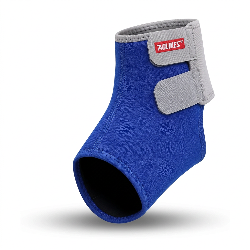 Blue and gray child ankle wrap shown without a model, with two compact fastening tabs and open heel and toe sections.