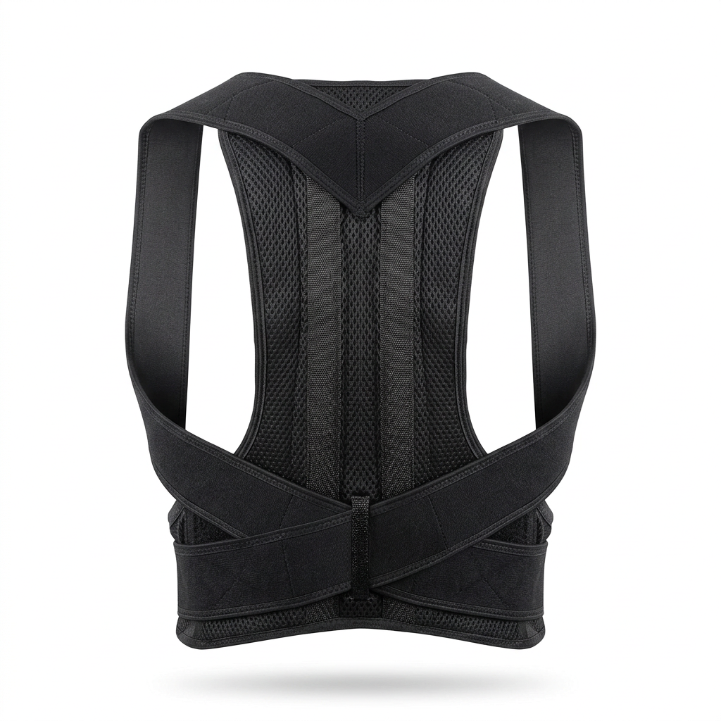 Black full back posture harness on a white background, showing shoulder loops, vertical mesh panels, and broad crossed lumbar straps.