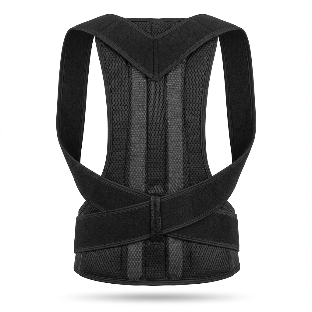 Black full back posture harness on a white background, showing shoulder loops, vertical mesh panels, and crossed lumbar straps.
