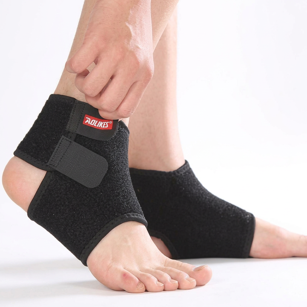 Close-up of black adjustable kids ankle wraps with open heels and toes, with a hand adjusting the foreground ankle strap.