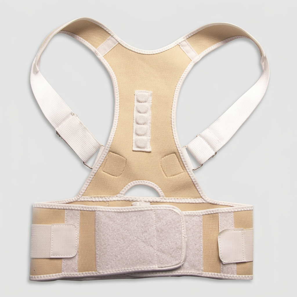 Beige shoulder waist back support shown flat with light edging, shoulder adjustment loops, and a broad waist closure.