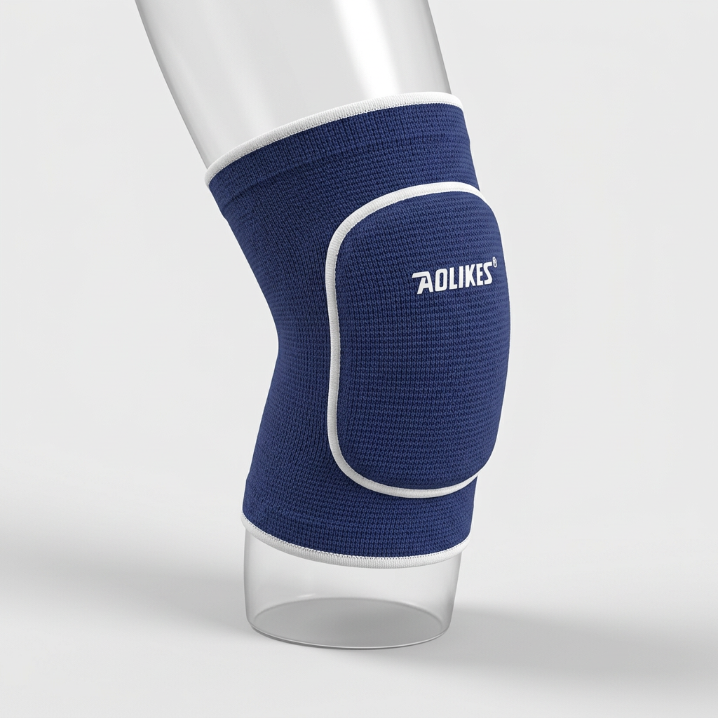 Blue pull-on kids knee cushion sleeve with white edging in a shaped product-only view on light gray.
