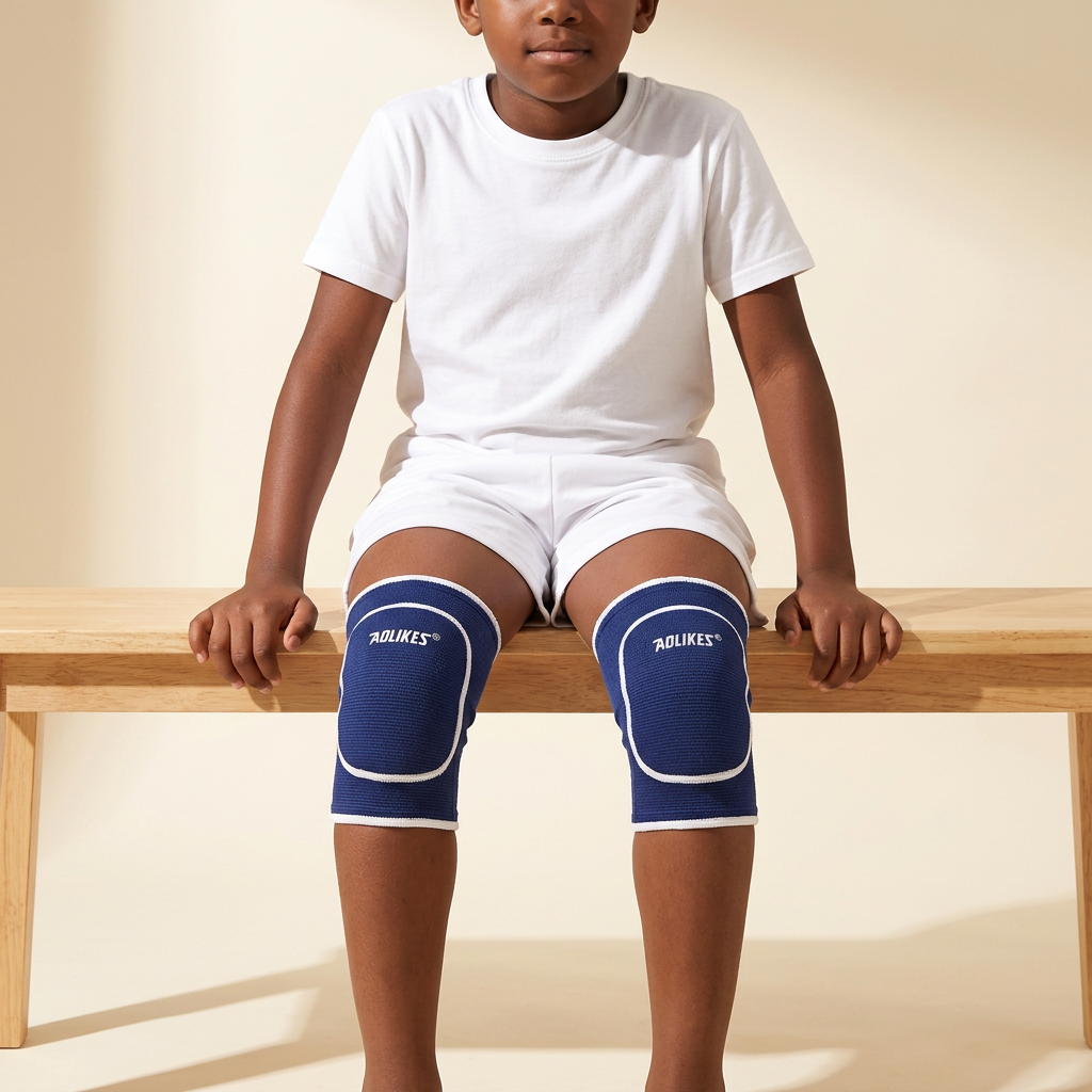 Child seated on a bench wearing blue padded children’s knee sleeves with white edging.