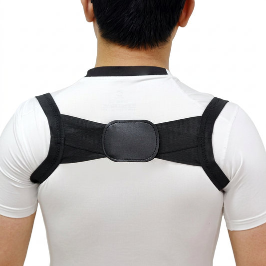 Rear view of a male model wearing a black Posture Universe shoulder brace over a white short-sleeve shirt.