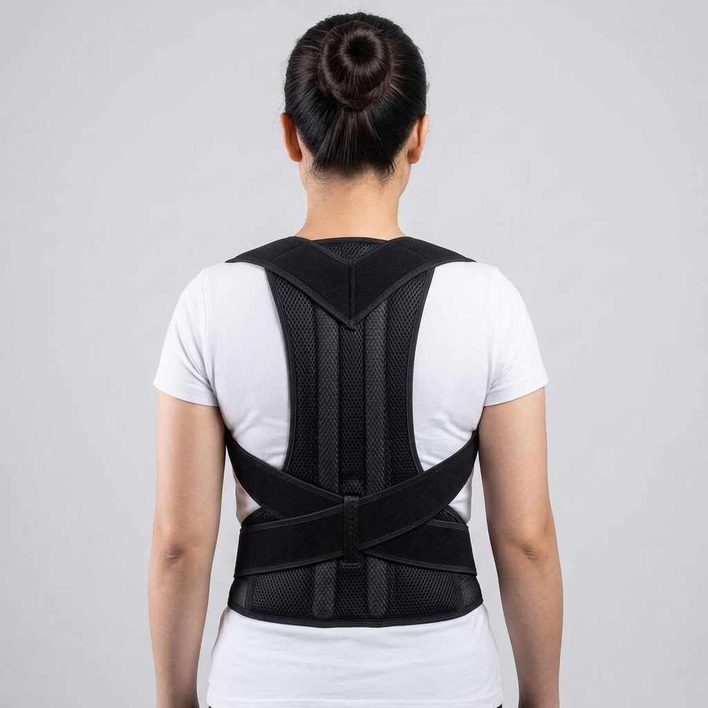 Rear view of a female model standing with arms relaxed, wearing a black shoulder and lumbar posture brace over a white shirt.