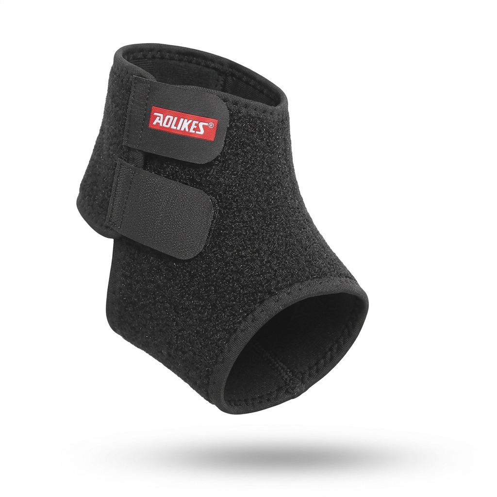 Black adjustable kids ankle wrap in a shaped product-only view with compact charcoal fastening tabs and open heel and toe sections.