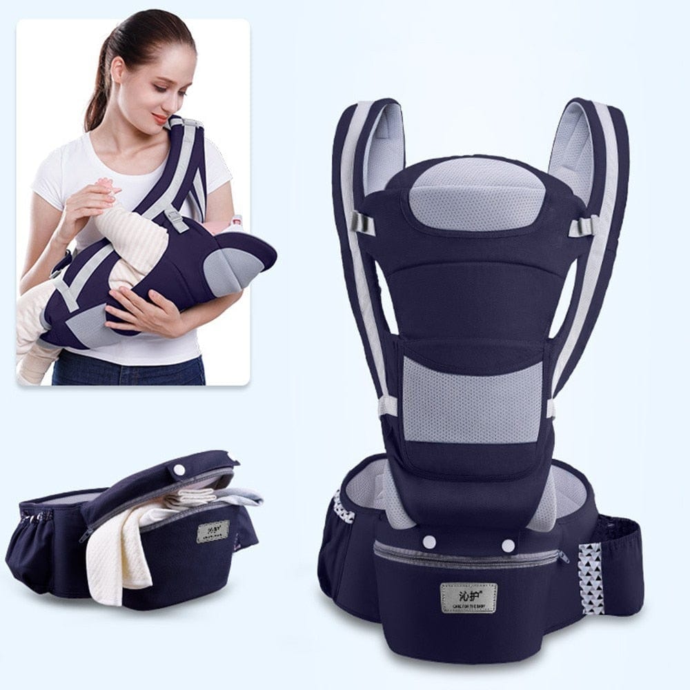 Side layout profile illustrating a parent wearing the navy blue kangaroo infant carrier.