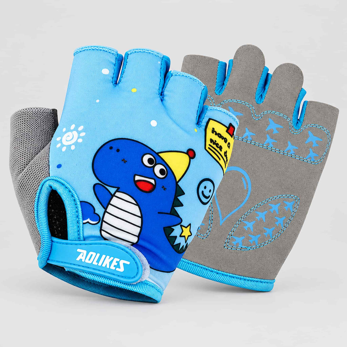 A pair of kids balance bike gloves on a light gray background.